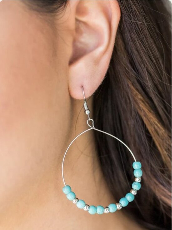 paparazzi Jewelry - Casual Paparazzi Silver Tone Hoop Earrings with Turquoise Style Beads